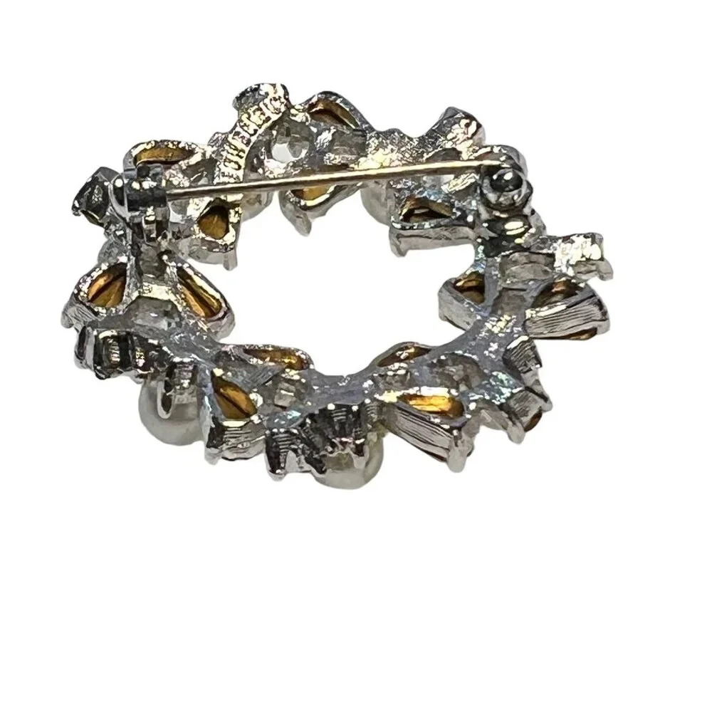 Vintage Richelieu Brooch Wreath‎ Faux Pearl and Rhinestone Silver Tone Signed